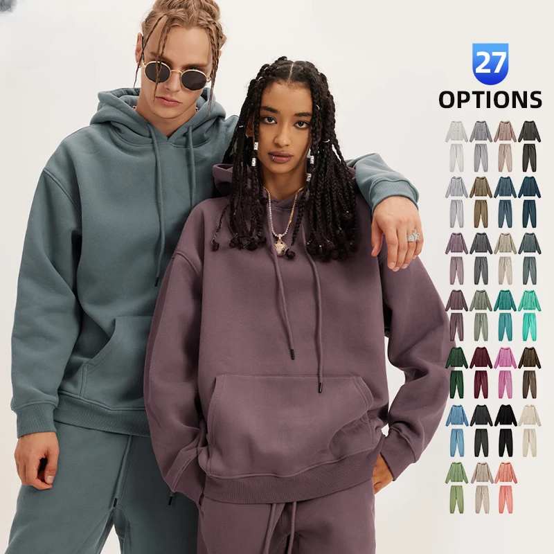 Unisex 2piece Casual Solid 345g Plus Size Hoodies and SweatPants Set Cotton Stacked for Men High Quality