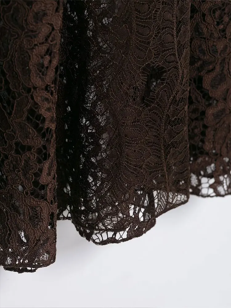 HH Women Elegant Fashion Brown Lace Hem Skirts Slim Side Zipper High Waist Midi Skirts Summer Evening Club Party Lady Chic Skirt