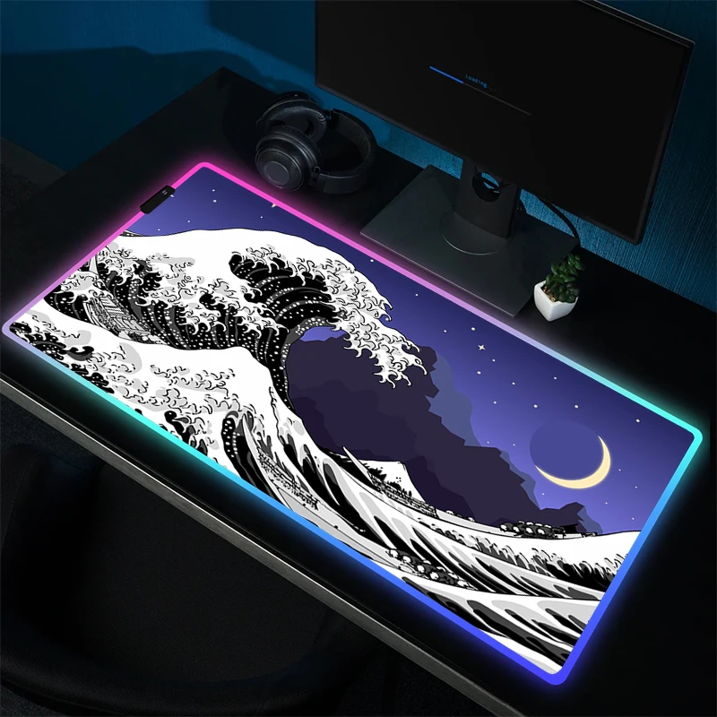 

Sea Wave Gaming Mouse Mat RGB HD Print Mousepad LED Rubber Mouse Pad Gamer Locking Edge Computer Desk Mat Game Non-Slip Carpet