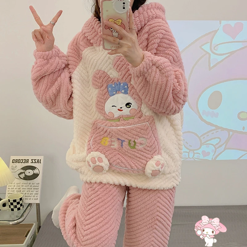 

Sanrio My Melody Coral Velvet Pajamas Cute Giris Winter Leisure Thickening Plush Sleepwear Household Clothes Suit Christmas Gift