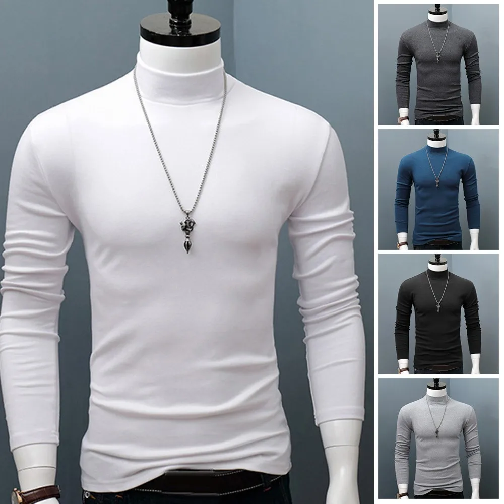 

Hot Winter Warm Men Mock Neck Basic Plain T-shirt Blouse Pullover Long Sleeve Top Male Outwear Slim-Fit Stretch Fashion Sweate