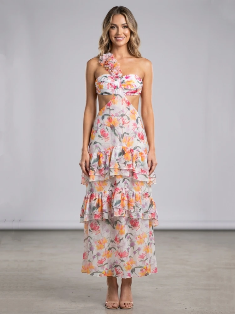 Summer Sexy Straps Printed Flowers Long Dress Women Sleeveless Backless Cut-out Floral Printing Slim Dresses Beach Party hOLIDAY 2