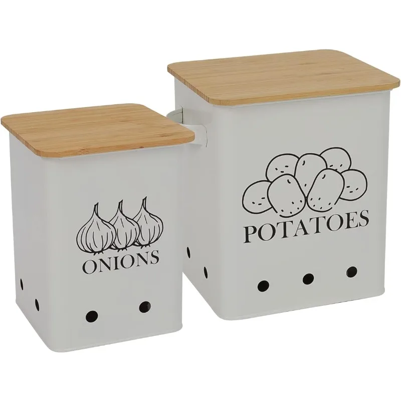

Kitchen Vegetable Storage Tins Set of 2 for Potatoes, Onion, with wooden lid Garlic Bin Caddy, Long Shelf Life-white