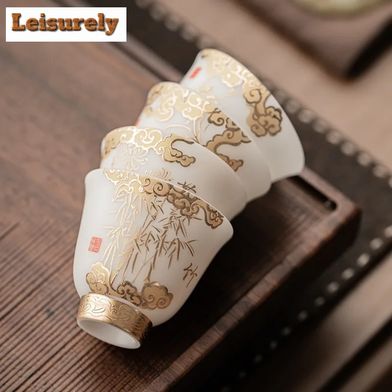 4pc Gilded Ice Jade Porcelain Four Gentlemen Teacup Japanese Tea Bowl Tea-tasting Meditation Cup Chazhan Master Cups Tea Items
