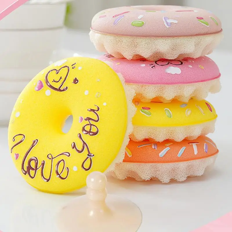 Donut Kitchen Sponge Round Soft Absorbing Scrub Sponge with Suction Cup Convenient Kitchen Cleaning Household Doughnuts Shaped
