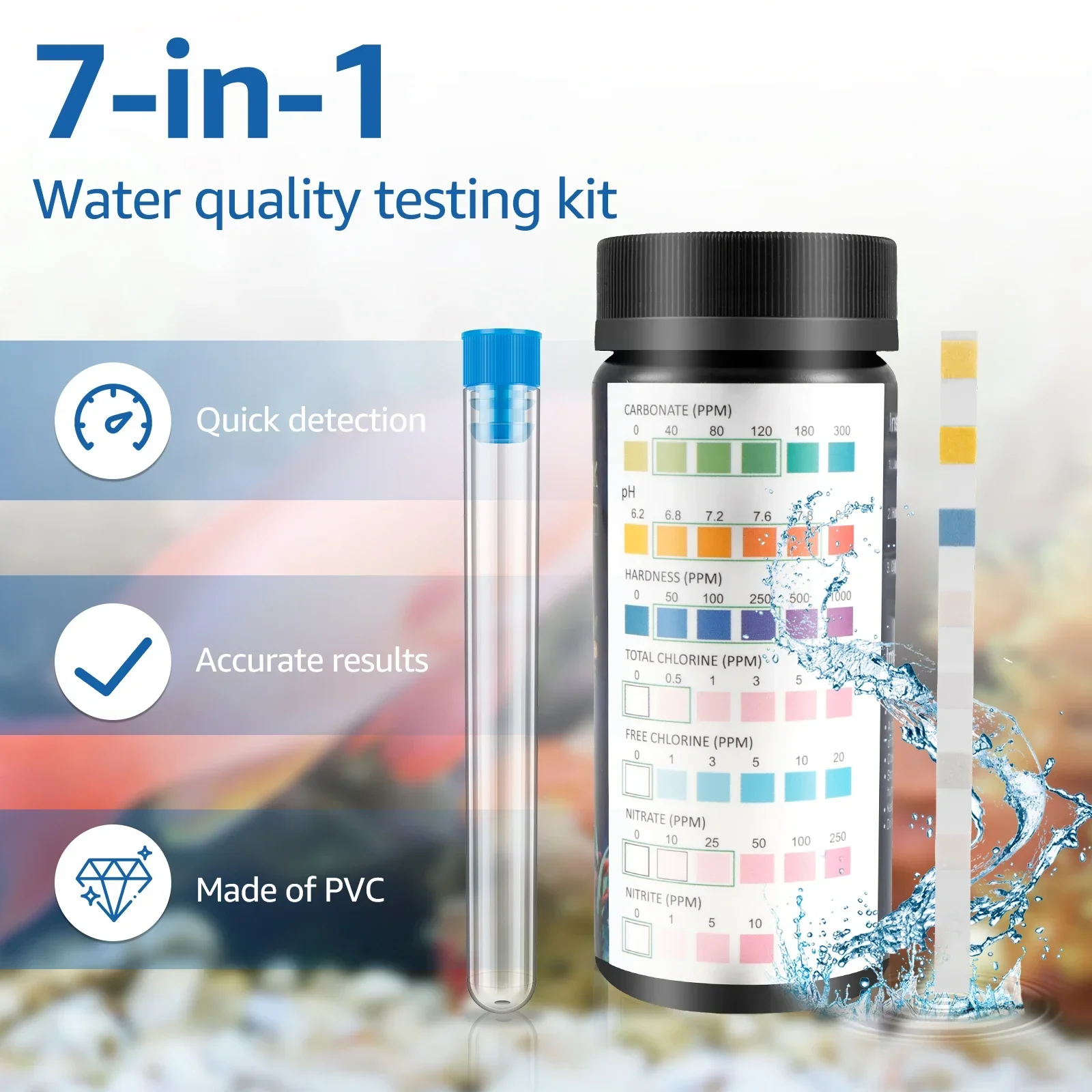 100Pcs Aquarium Test Strips 7-in-1 Fish Tank Test Kit with Tube Fast Accurate Aquarium pH Hardness Water Testing Strips