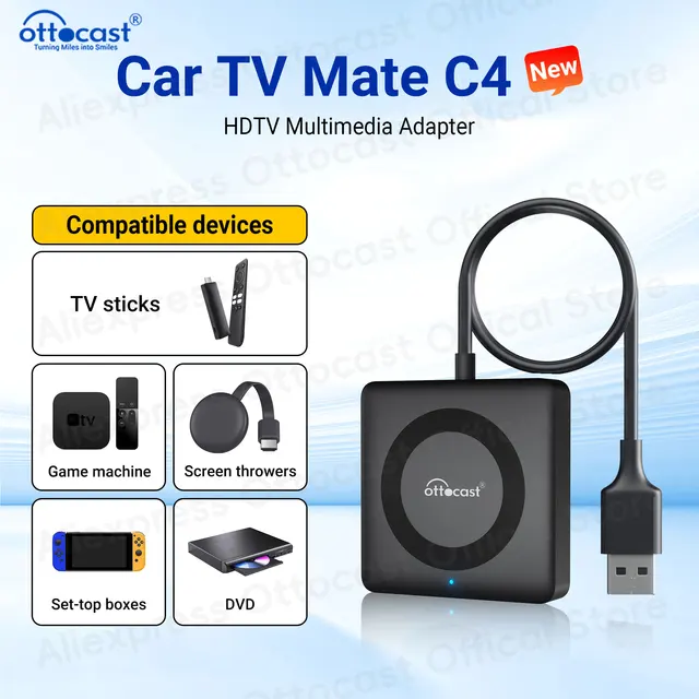 OTTOCAST Car TV Mate Pro C4 for HDMI Multimedia Adapter Wireless CarPlay Android Auto Box Video Converter for TV Sticks