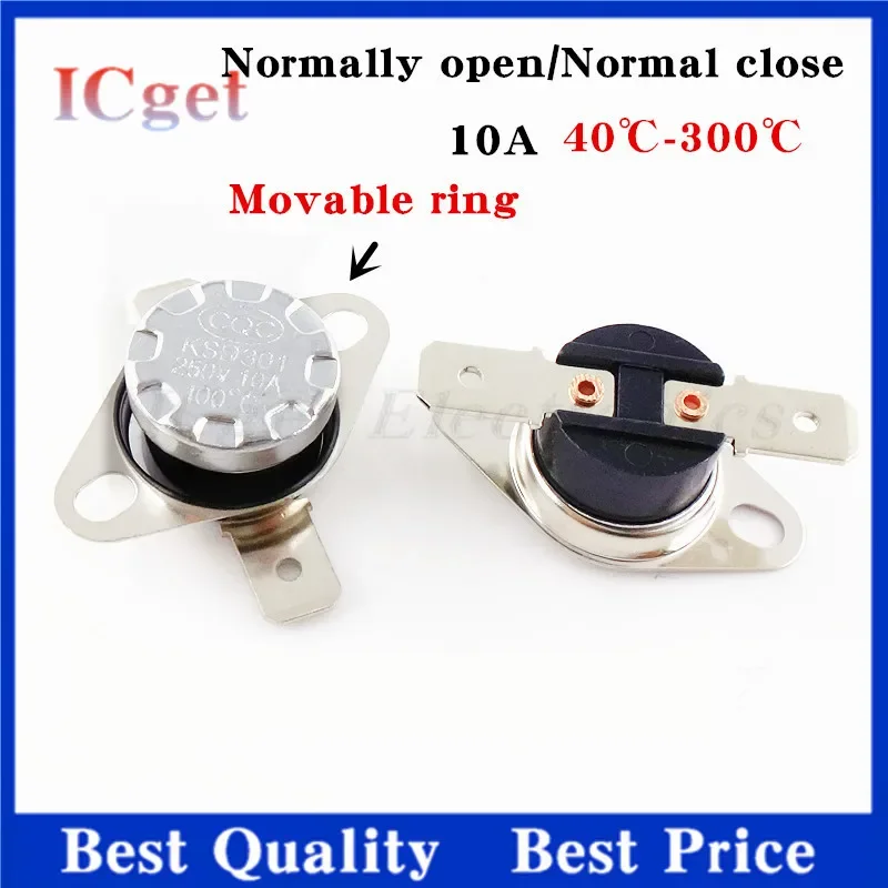 2PCS Bimetal Thermostat KSD301 10A 250V Normally Closed Temperature Switch Thermostat 40-190 Degree 50 60 70 80 130 100 125 °C 2