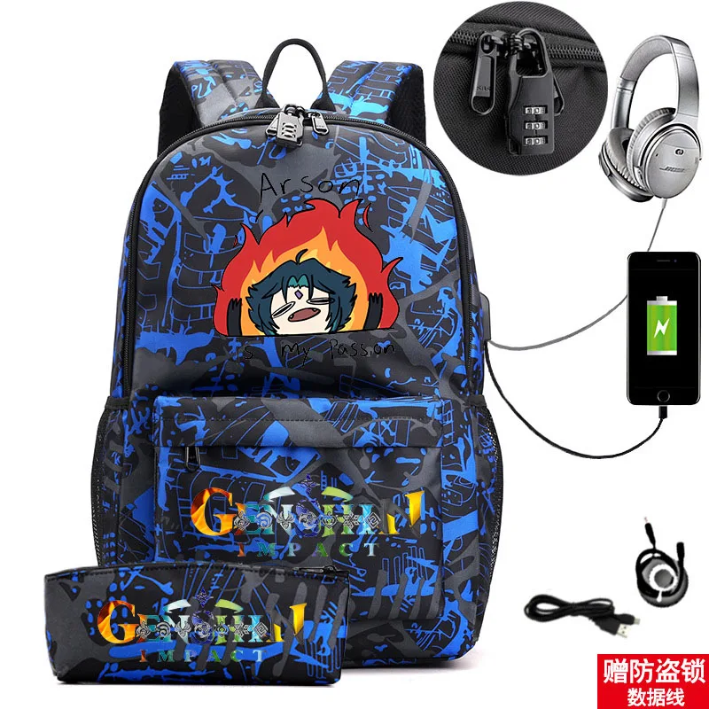 

Genshin Impact USB Bag Boys Girls Bag Outdoor Travel Bag Children Backpack Youth Student School Bag Cartoon Print Backpack