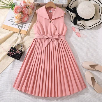 5-14 Years Teenagers Girls Princess Dress Summer Sleeveless Fashion Lapel Waist Pleat Girls Dress Birthday Gift New Kids Clothes