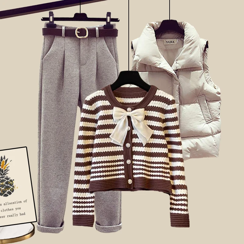 

Three pieces Maillard bow-tied decorative sweater with cotton vest coat woolen pants autumn and winter fashion set