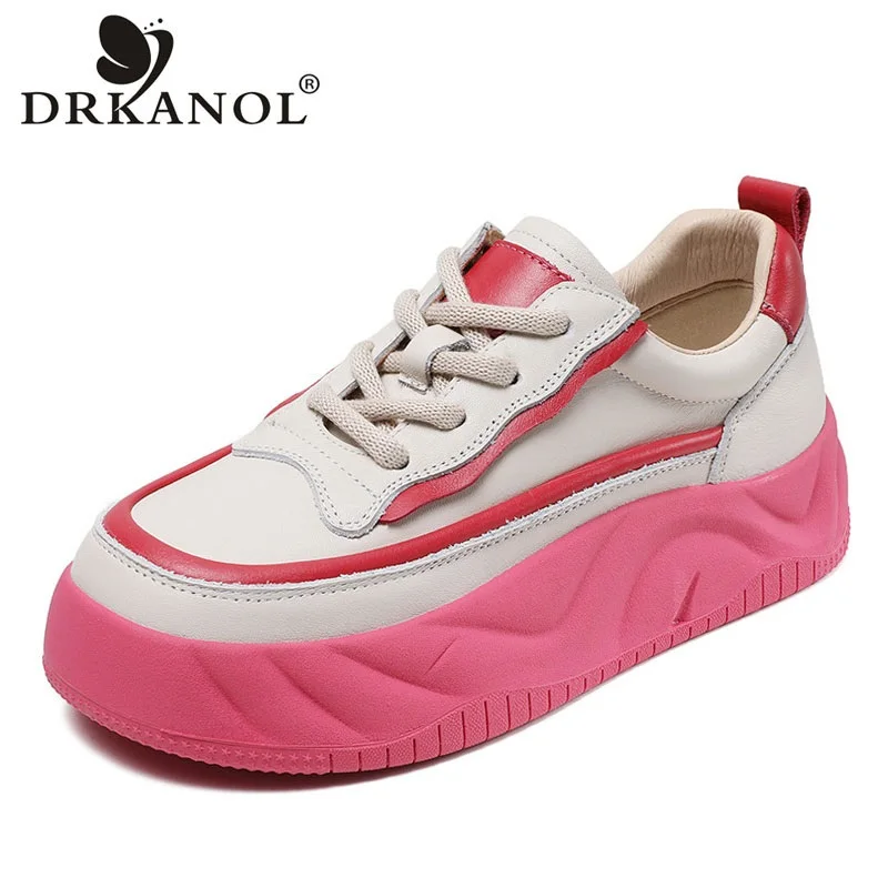 

DRKANOL 2024 Women Genuine Leather Board Shoes Spring Lace-Up Thick Bottom Chunky Platform Mixed Colors Casual Sneakers Women