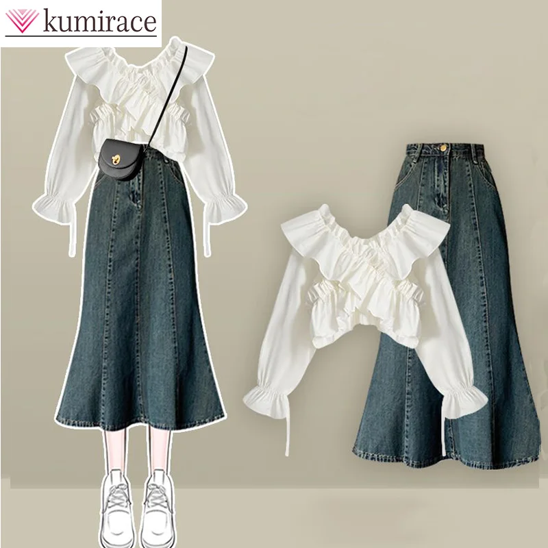 

Женский весенний комплект, новинка 2024, Корейская дизайнерская рубашка с перекрестным узором, Облегающая джинсовая юбка, комплект из двух предметов, мини-юбка