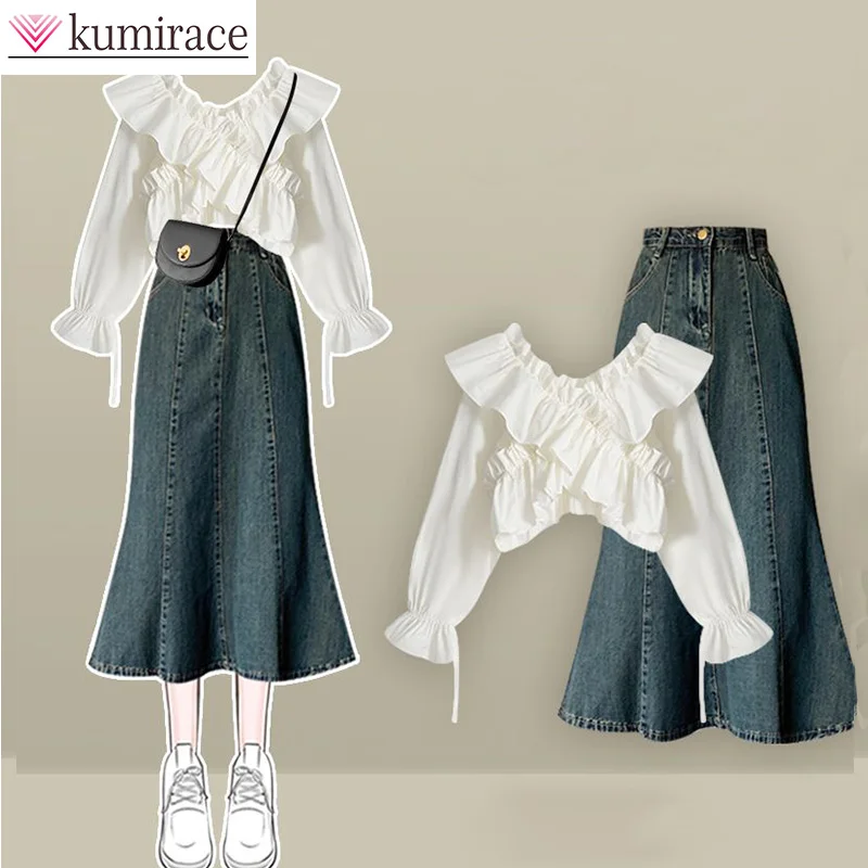 Spring Set Women's 2024 New Korean Design Cross Shirt Covering Meat and Slimming Denim Skirt Two-piece Set Skirt Sets Mini Skirt new american style jeans women s high waist slimming trendy all match loose meat covering straight leg wide leg casual trousers