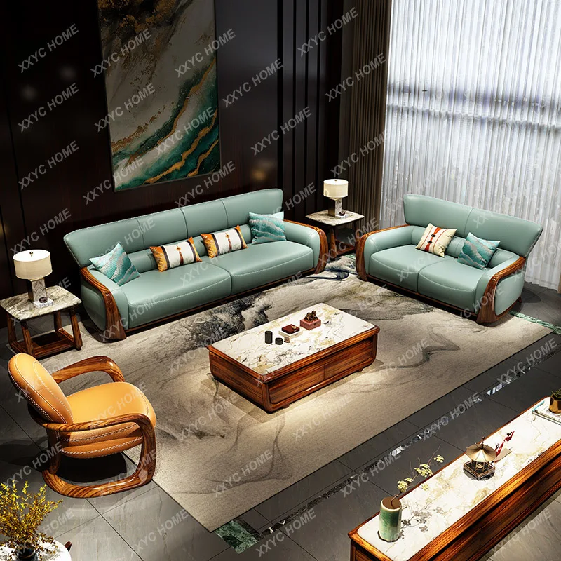 

Ugyen Wood Layer Leather Sofa Modern New Chinese Large Apartment Solid Wood Green Sofa