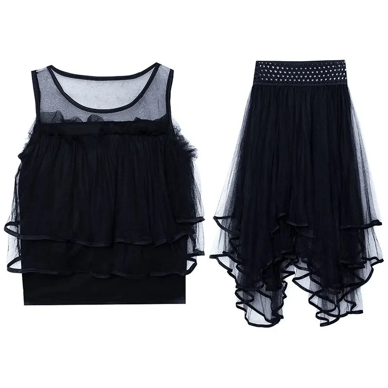 2023 Summer Thin Large 4XL Women's Fashion Mesh Off Shoulder Top Elastic Waist Skirt Two Piece Set Female Chiffon Splicing Sets