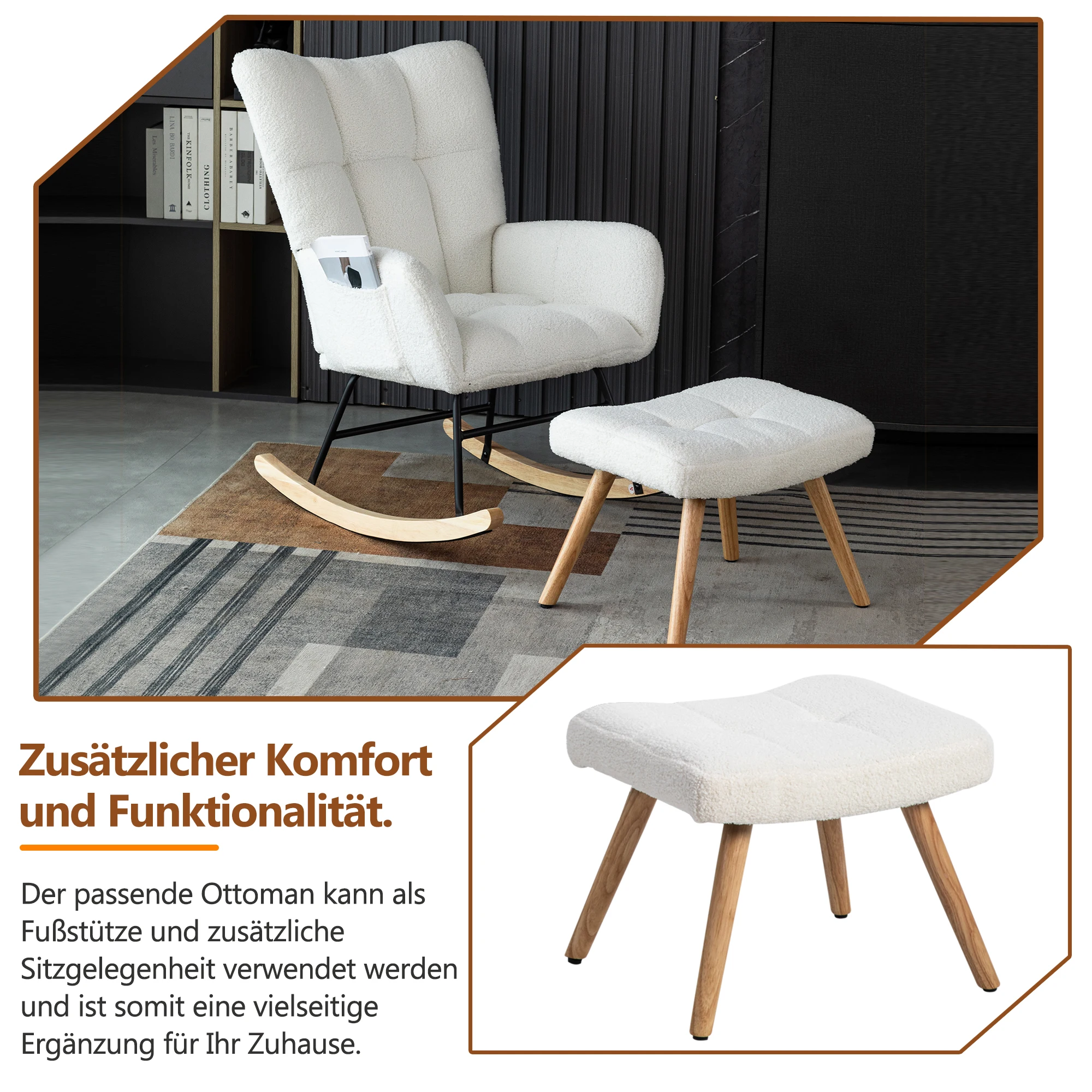 KOMHTOM Ergonomischer Weißer Schaukelstuhl- Sitzbreite 65 cm inkl. Fußhocker (49x38x38 cm), stabiler Gummiholzrahmen – Detail 9