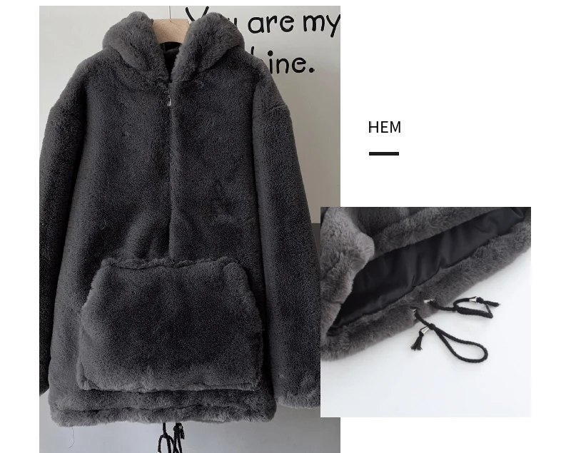 Fashion Runaway Luxury Brand Faux Fur Long Coat Women Big Pocket Warm Jacket Zip Hooded Fake Rabbit Fur Plush Overcoats