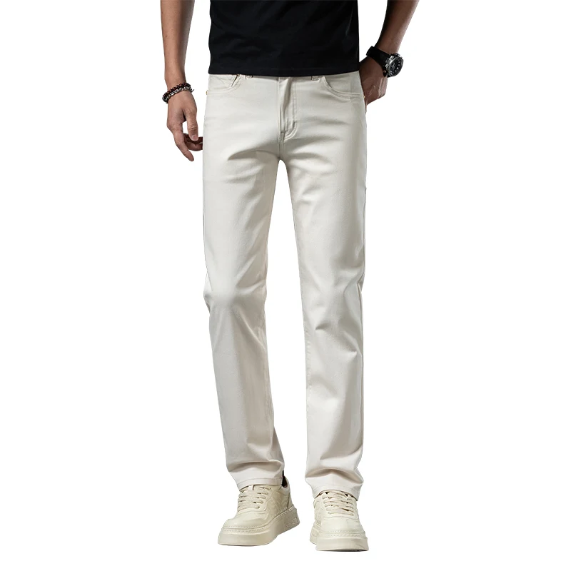 2024 New High-End White Jeans Men's Straight Loose Fashion Brand Stretch Casual Cotton Slim Fit Business Trousers