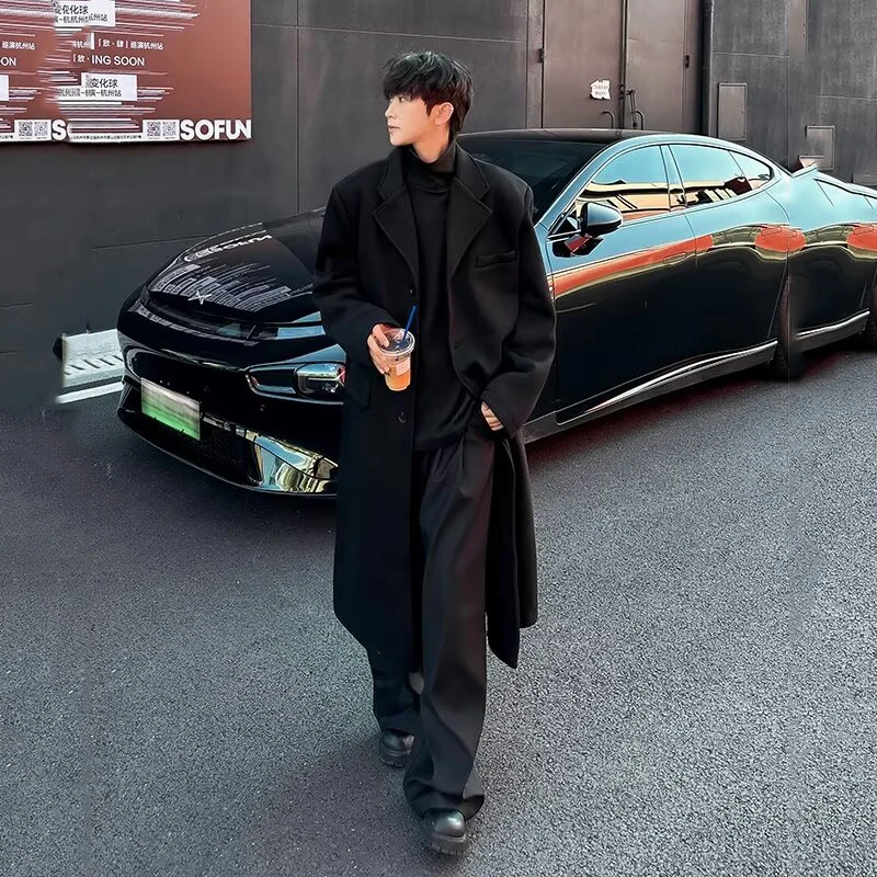 FEWQ Mid Long Woolen Coat Autumn Winter Men's Korean Fashion Loose Casual Versatile Over The Knee Male Trench 24E5306 2