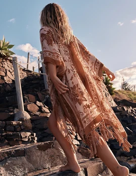 WeHello Fashion bohemian Women's Burnt Plush Kimono Long Cardigan With Tassel Beach Cover-up Holiday Cardigan Shawl 1