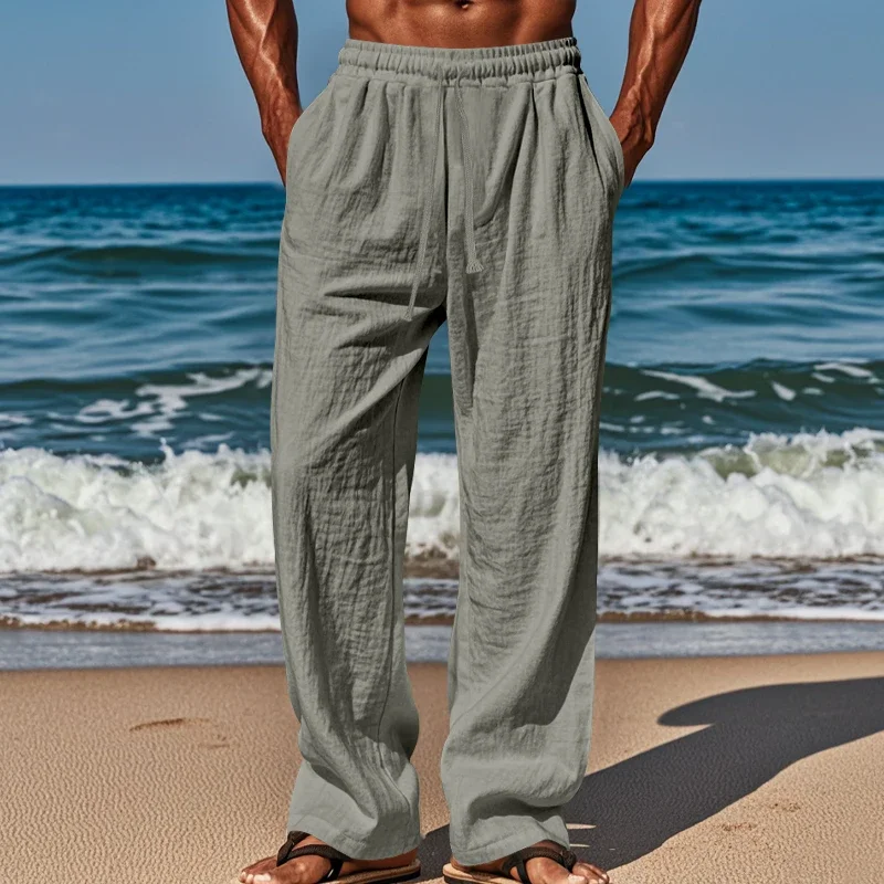 Herren Leinen Freizeithose Elastische Taille Strandhose Leichte Kordelzug Sommer Yogahose Einfarbige Strandhose – Detail 5