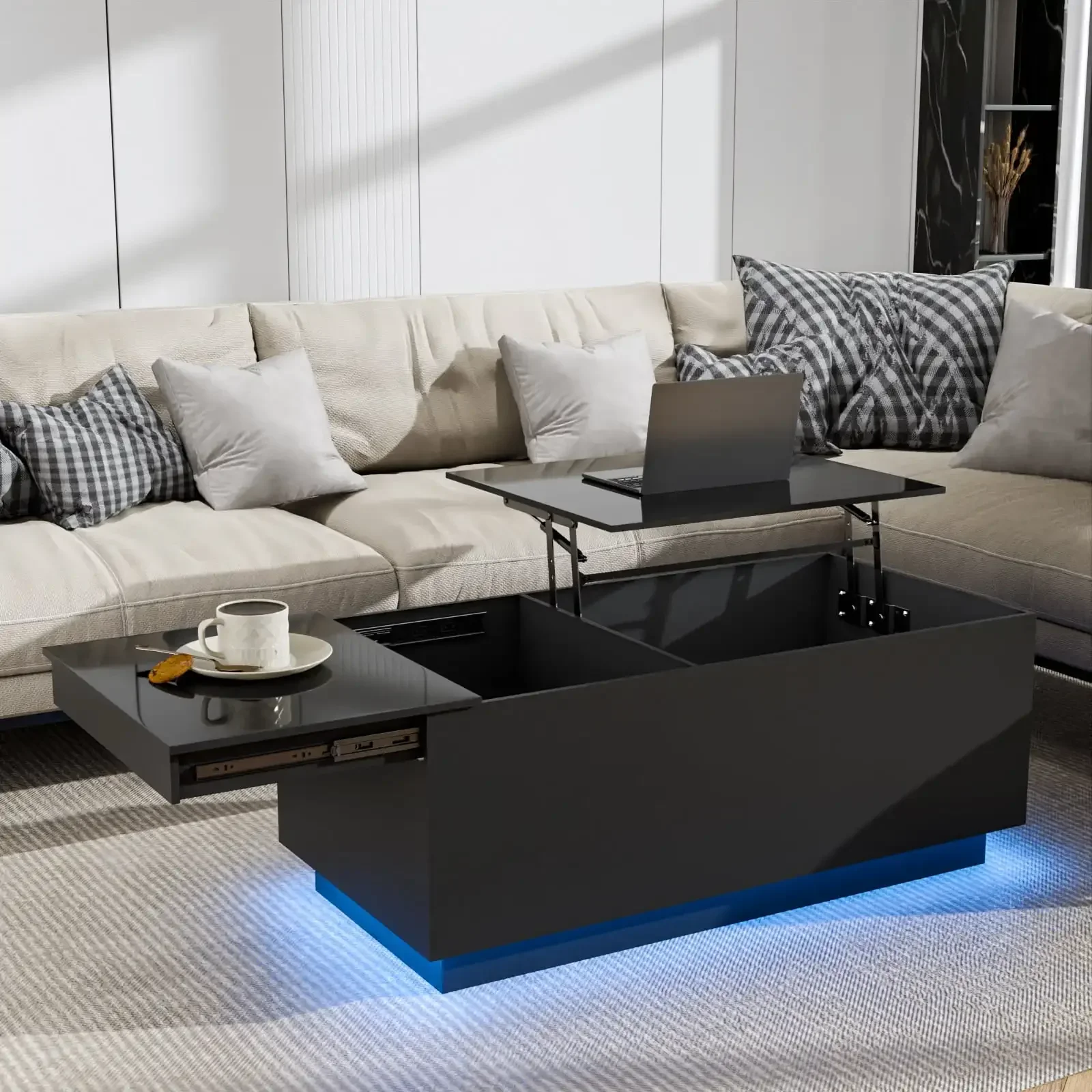 LED Coffee Table with USB Ports and Outlets Lift Top Coffee Tables with Storage High Modern Center Table for Living Dining Room 2