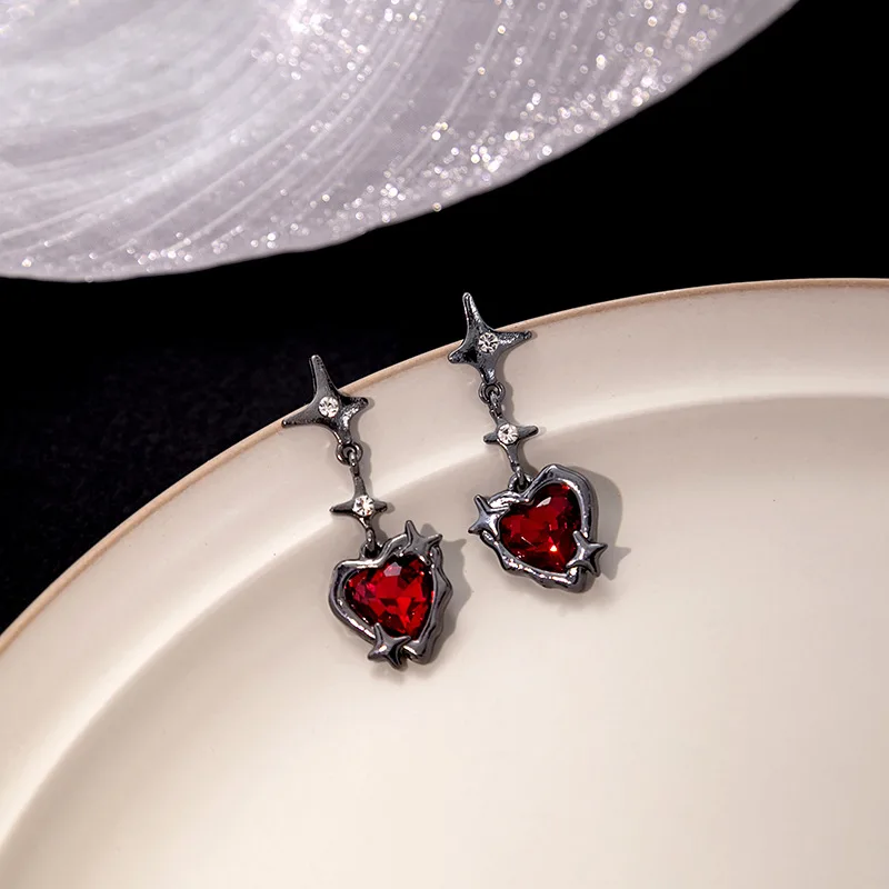 Pendant Earrings Y2K Goth Liquid Heart Cross Star Women Red Zircon Love Dangle Gothic Irregular Tassel