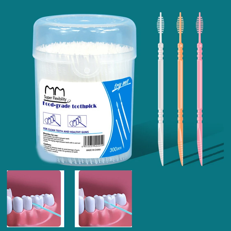 

300pcs Plastic Double-head Interdental Brush Dental Floss Stick Mouth Hygiene Plastic Toothpicks Toothbrush Teeth Cleaning Brush