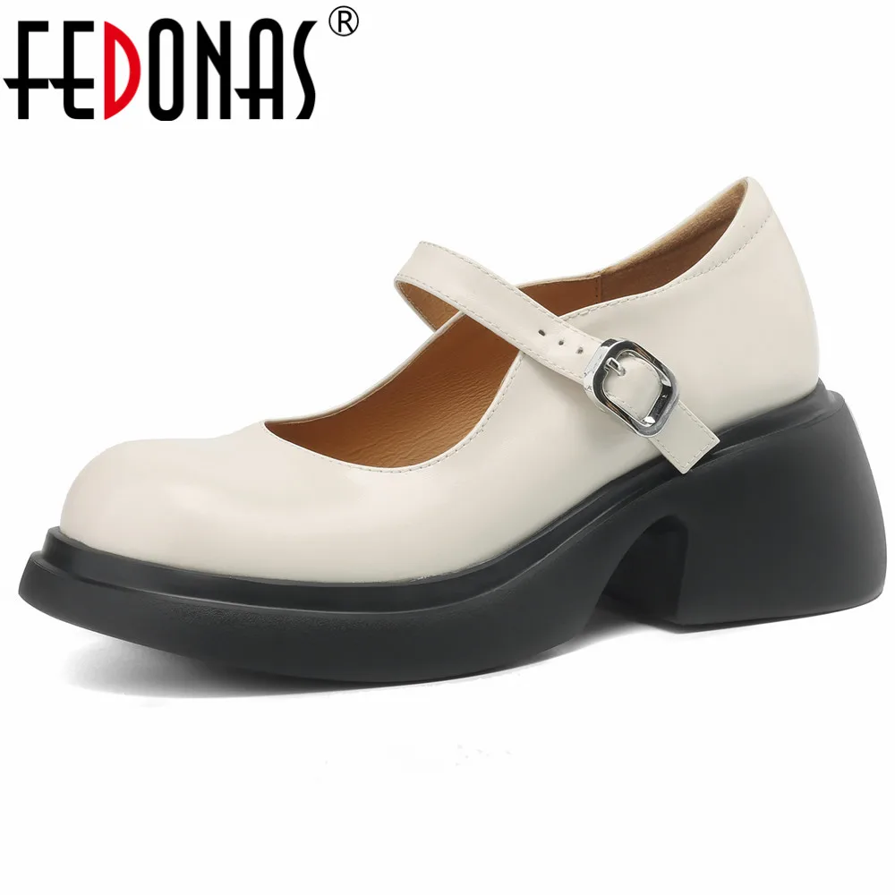 

FEDONAS Thick High Heels Women Pumps Genuine Leather Retro Buckle Strap Mary Janes Shoes Woman Spring Summer Casual Office Lady