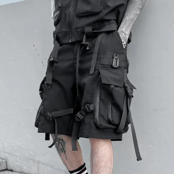2023 Multi Pockets Street Punk Hip Hop Cargo Shorts Mens Tactical Techwear Knee Length Wide Leg Short Pants 1