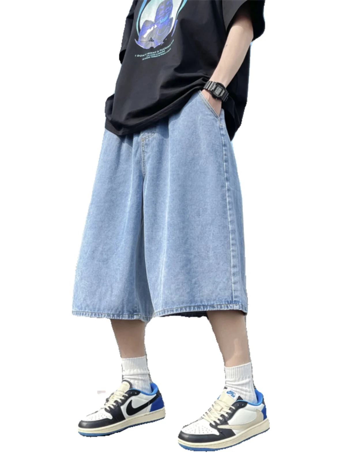 Men's Short Jeans Pants Cargo Loose Baggy Drawstring Male Denim Shorts with Pockets Wide Loose Original Cowboy Buttons A164