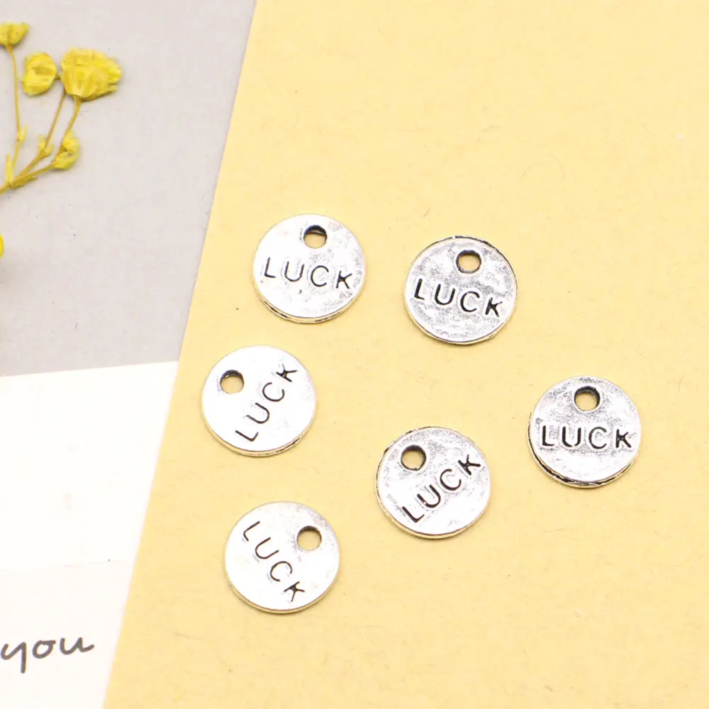 

30pcs 9x9mm Luck Round Word Sign Charms Jewelri Pendant Component Girls Jewelry Antique Silver Color