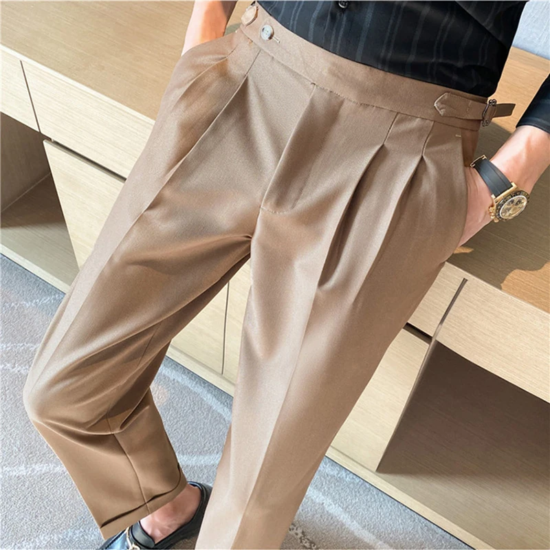 

Men High Waist Casual Dress Pant British Style Men Belt Design Slim Trousers Formal Office Social Wedding Party Dress Suit Pants