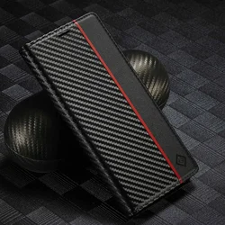 Premium Carbon Fiber Leather Magnetic Wallet Phone Case Cover for Samsung Galaxy S21 FE (Black-A)