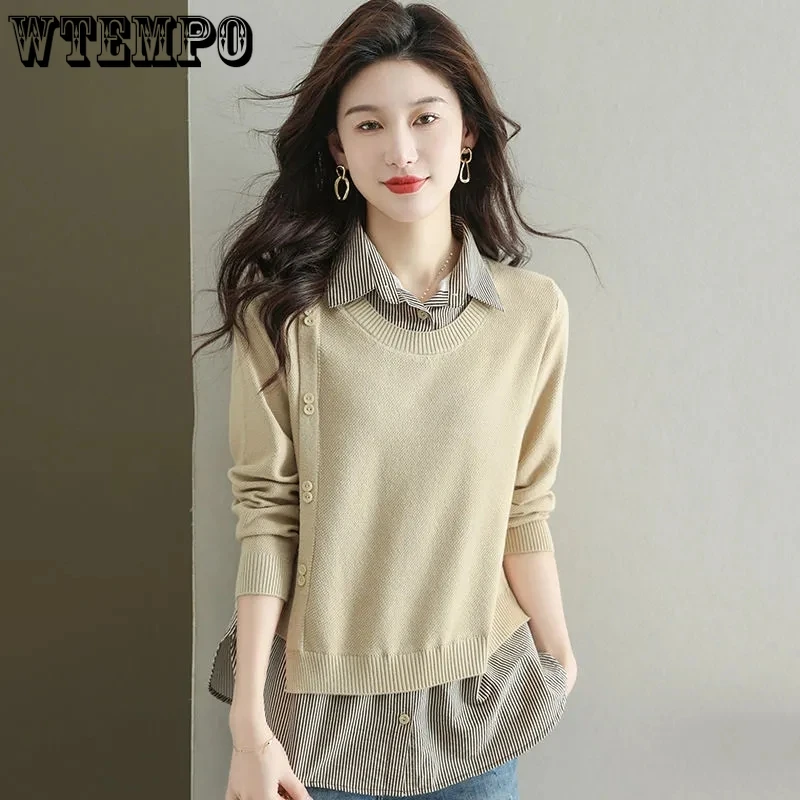 

Knit Polo Collar Pullover Stripe Patchwork Fake Two Pieces Women's Bottom Sweater Long Sleeve Top Simple Casual Office Lady Fall