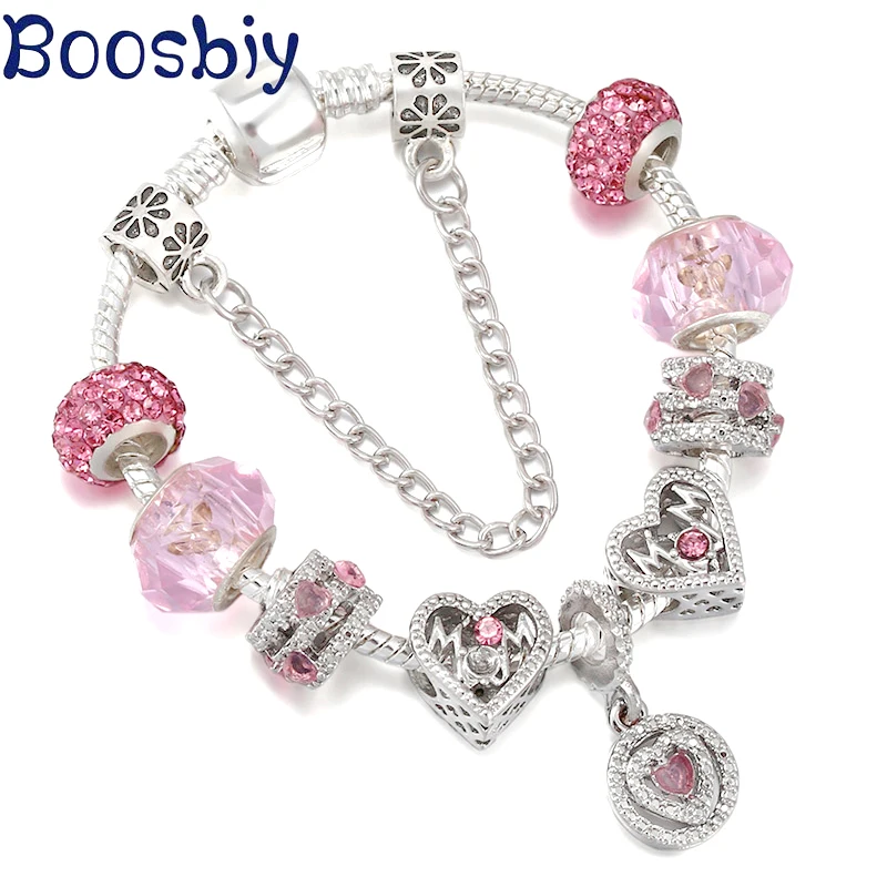 

Sparkling Double Wrap Heart &Love MOM Beads Pendants Fit Charm Bracelet DIY Fashion Brand Jewelry Gift For Women & Mother