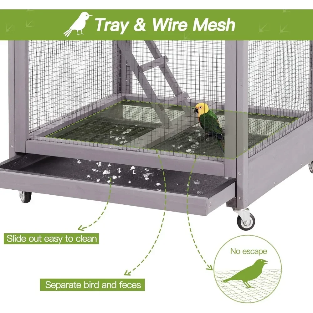 Outdoor-Bird-Aviary-Wooden-Large-Bird-Cage-on-Wheels-Featuring-Play ... - Large Bird Habitats With Nesting Boxes And Perches