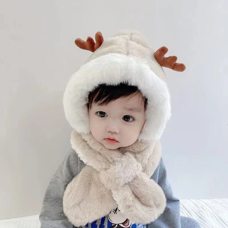 

Christmas Deer Horn Baby Hat Scarf One-piece Kids Boy Girl Winter Soft Plush Lined Ear Protection Beanie Outdoor Thick Warm Hat