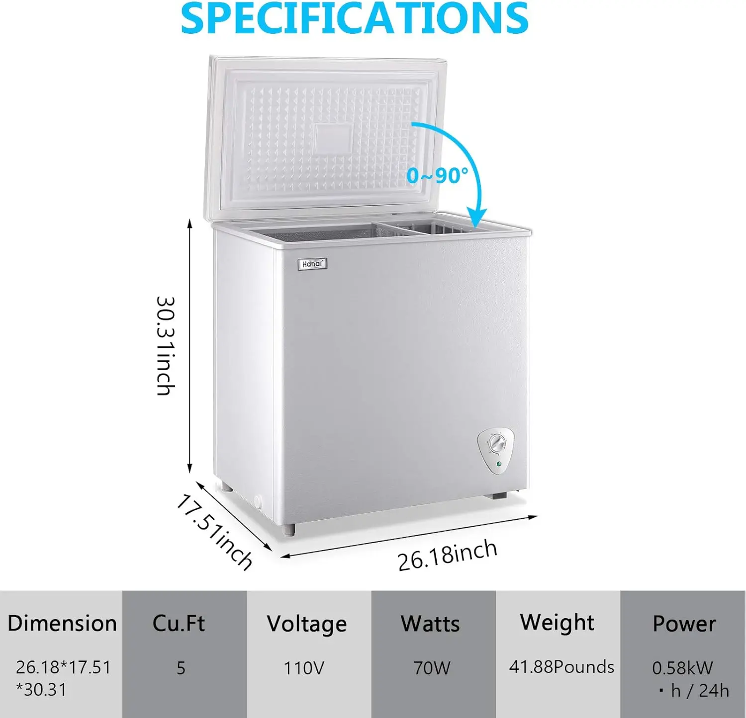 Chest Freezer Compact Deep Freezer WANAI 5.0 Cu.Ft for Garage Adjustable Temperature 7 Thermostat and Energy Saving Removable