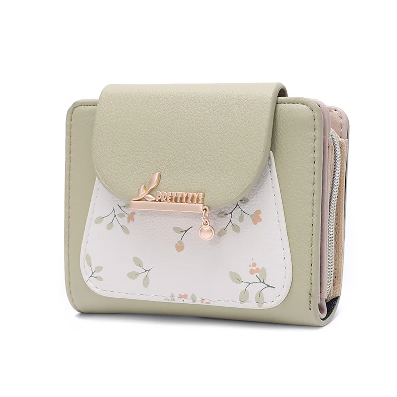 Students' New Short PU Leather Coin Card Wallet with Printed Buckle Foldable Zipper for Zero Money Storage