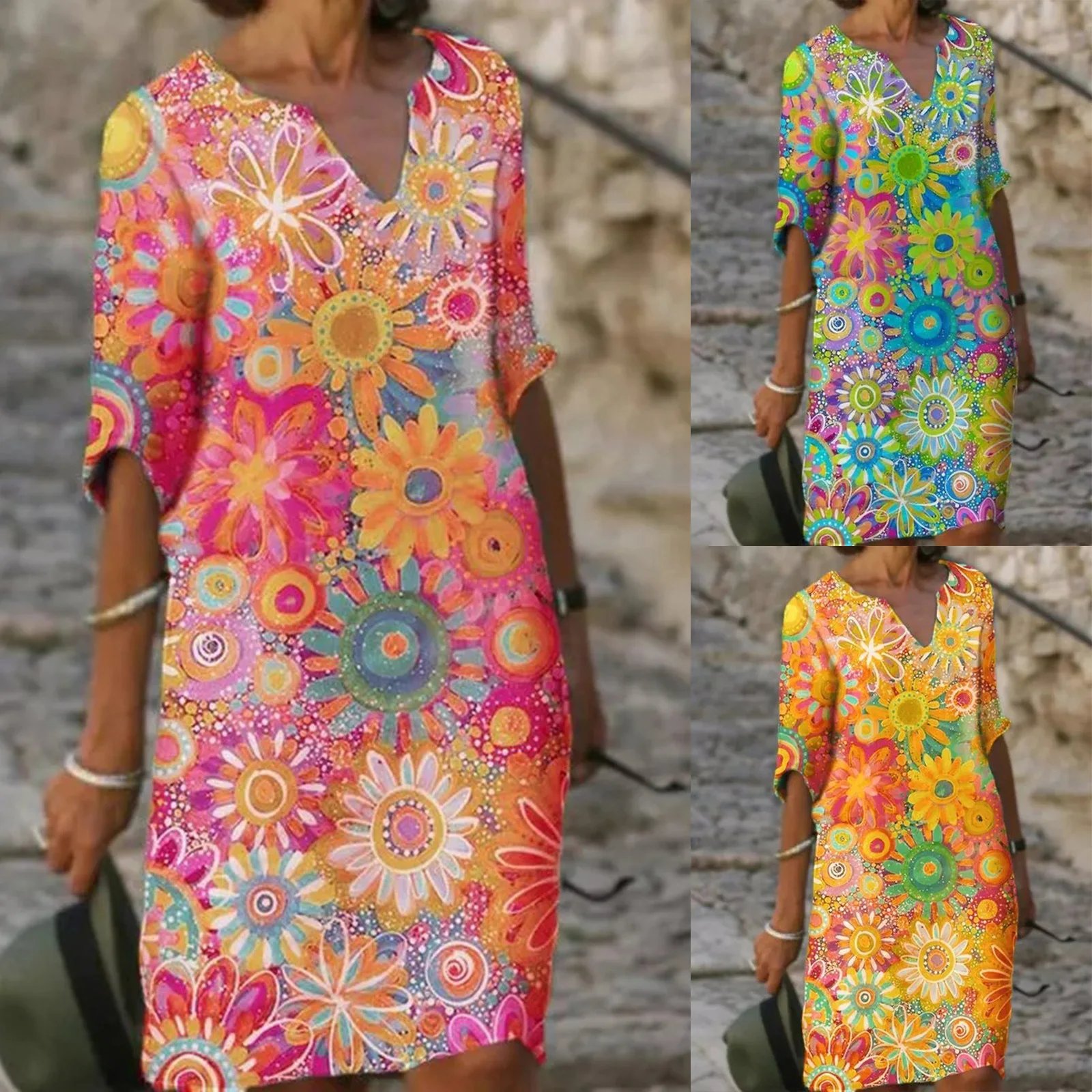 

Women's Dress Autumn Fashion Flower Pattern Multi color Casual Short Sleeve V-Neck Dress