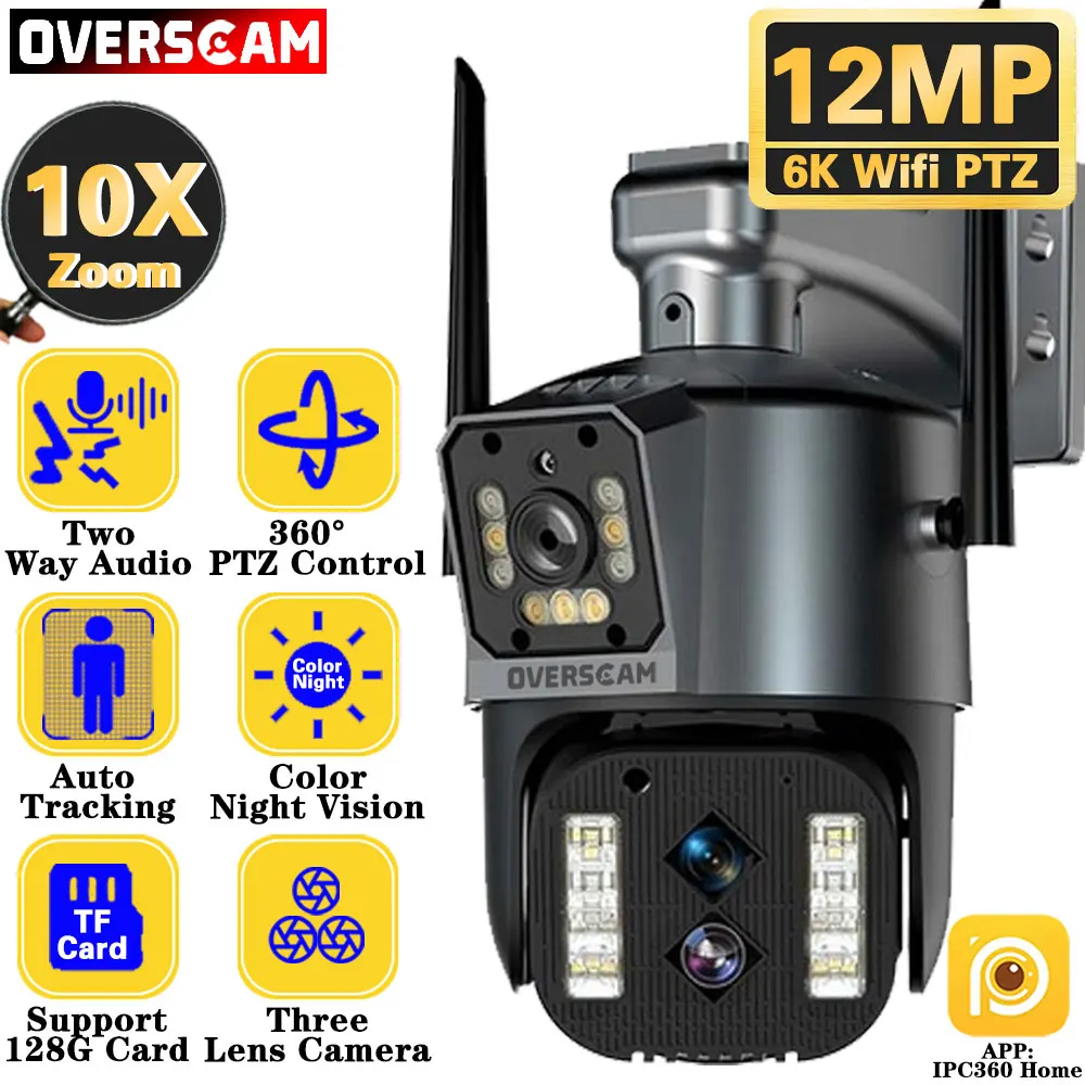 6K 12Mp 10X Ptz Zoom Camera 3-Lens 2-Screen Security Ip Camera 4K Auto Tracking Video Cctv Wifi Telecamera Di Sorveglianza Ipc360 Home
