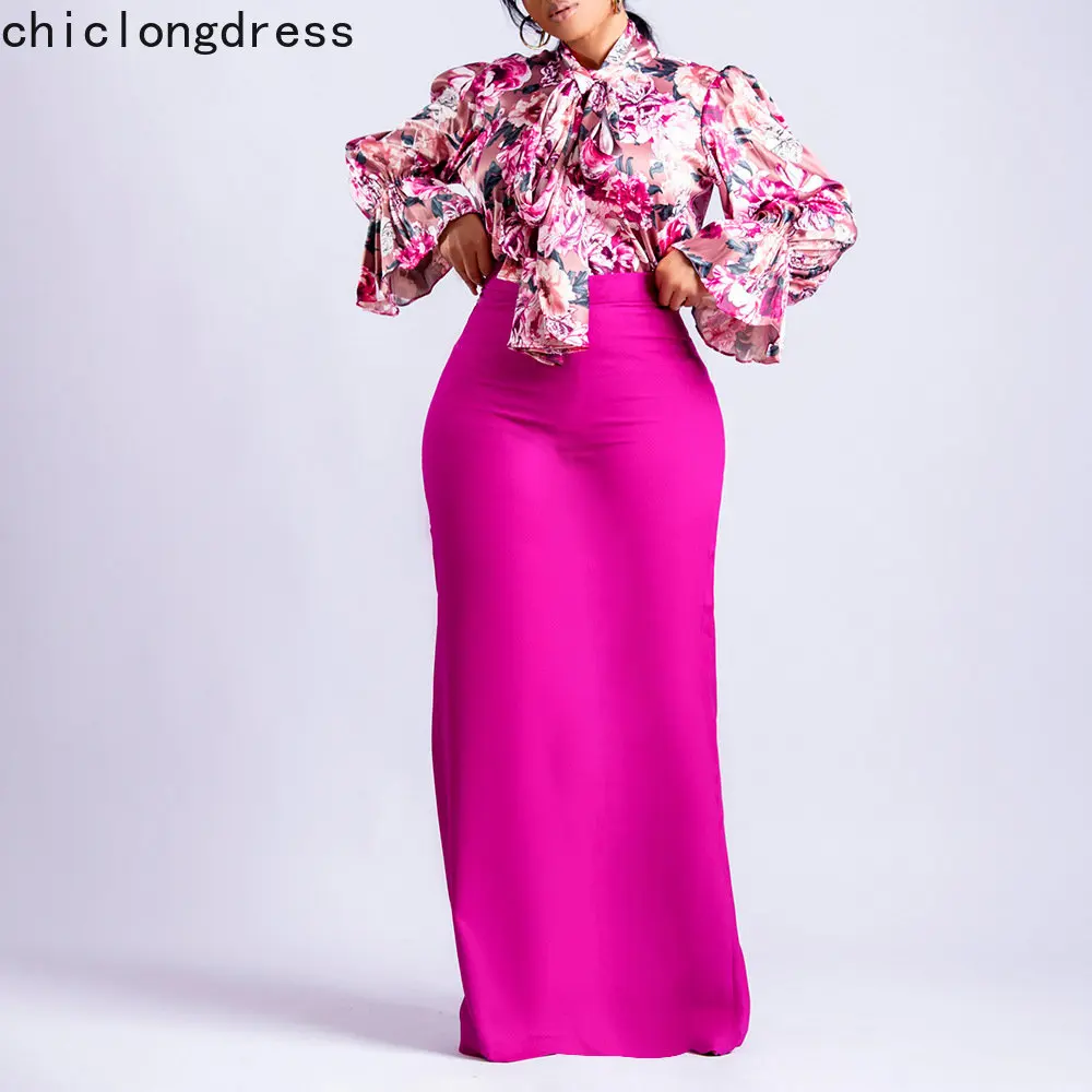 Spring Fashion Two Piece Set African Women Commuter Elegant OL Print Bowknot Lace-up Shirt Long Skirt Two Piece Suit Women