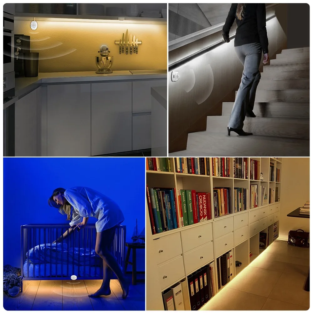 Smart PIR Motion Sensor Night light 12V LED lamp Strip adhesive Tape for home Stair Closet Kitchen Wardrobe luminaria 110V 220V