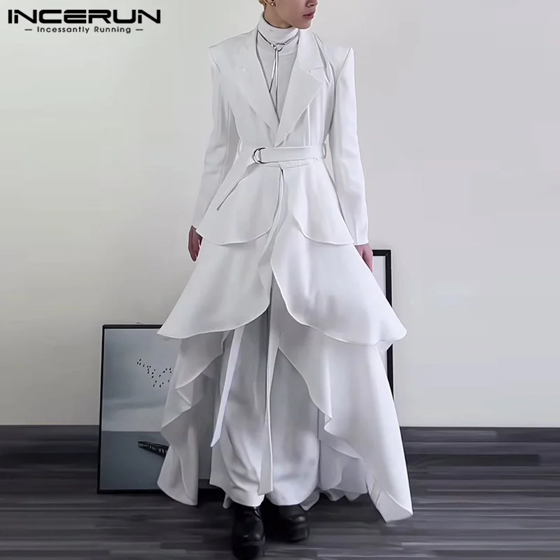 Lapel Collar Elegant Long Coats Ruffled Edge Blazer Long Sleeve A-Line Suits Men Solid Color Party Jackets Oversize