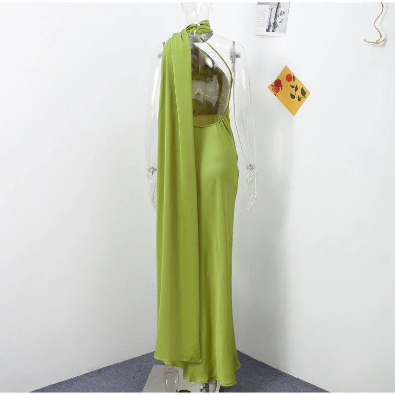 Women Satin Ribbon Halter Party Evening Dress Women Elegant Backless Off Shoulder Sleeveless Long Dresses Fashion Lady Robes