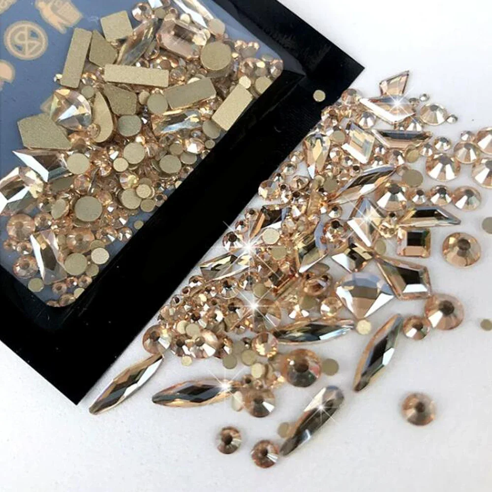 AB/Clear Flatback Mixed-Shaped Round Nail Art Charms Aurora Sparkly Gold/Red Rhinestones Xmas Manicure Decor Gems Diamonds 1Bag nail art rhinestones