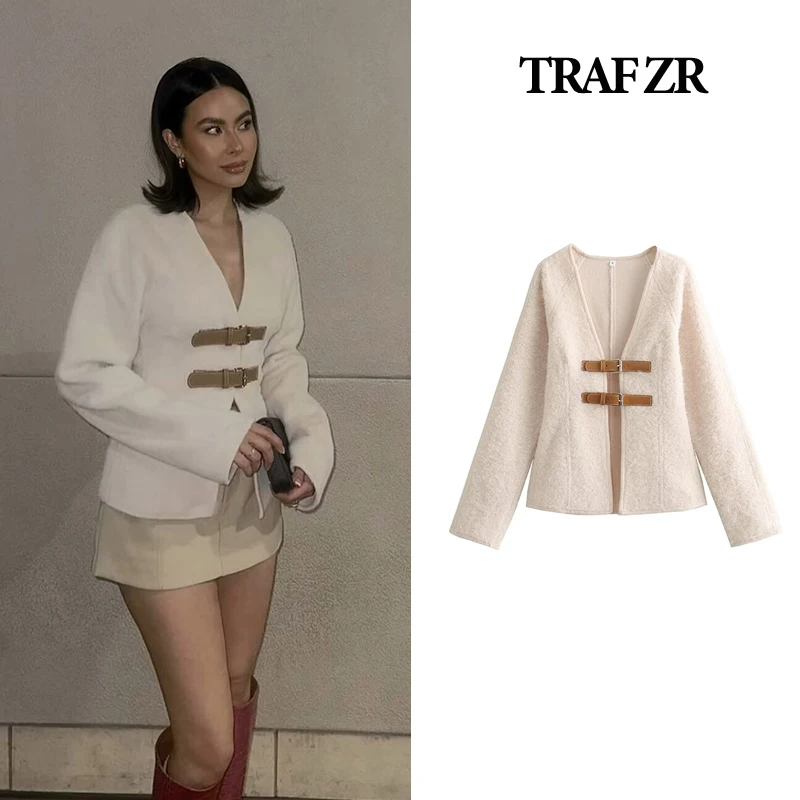 

TRAF ZR Bomber Jacket Y2k Vintage V Neck Elegant Long Sleeve New in Outerwears Wool Blend Coat Harajuku Spring Aviator Jackets