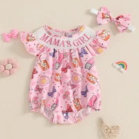 Baby Girl 2Pcs Summer Outfits Sleeveless Round Neck Cartoon/Bow Print Smocked Romper with Headband Set Infant Clothes 2